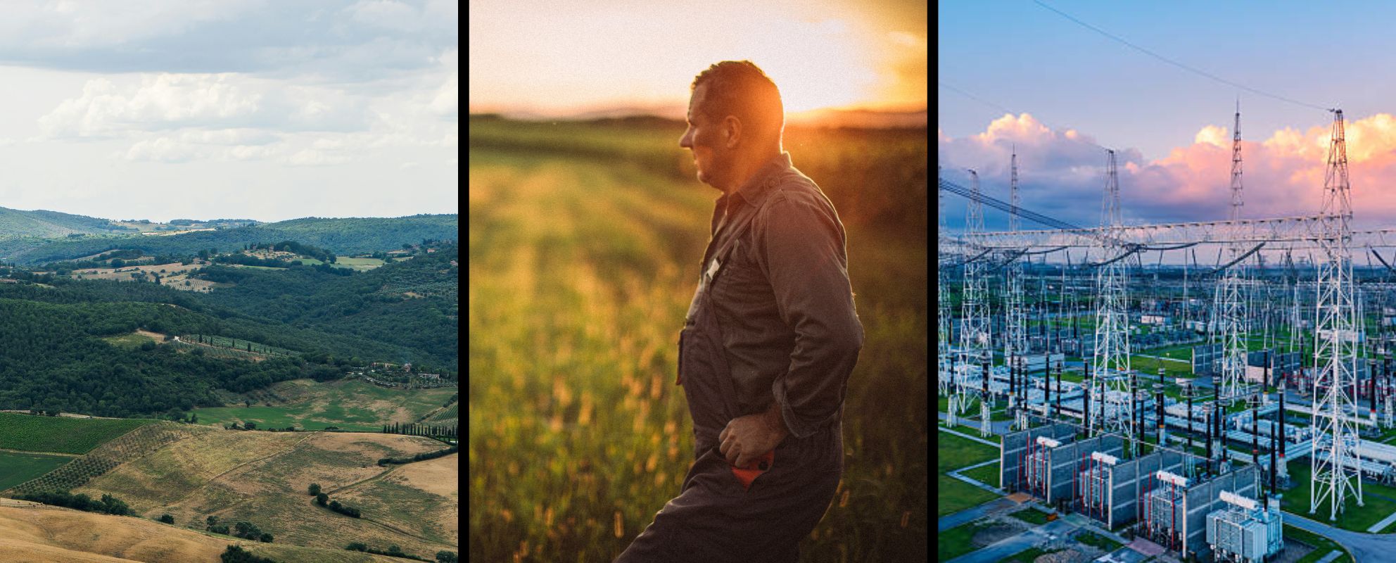 Men walking in field, solar panels on right, field on left