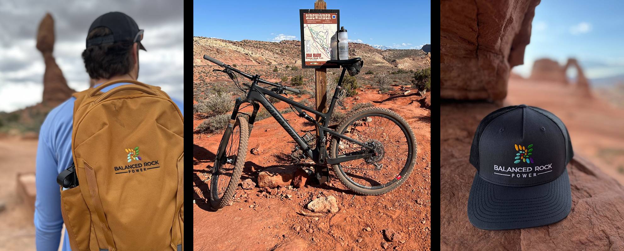 Man fishing and a bike by sign